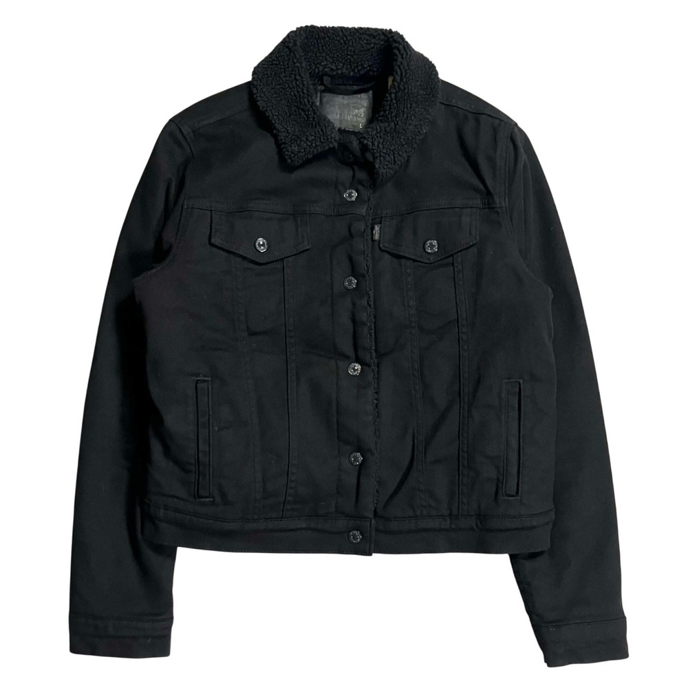 Levis Womens Black Sherpa Lined Denim Trucker Jacket Large Cotton Blend